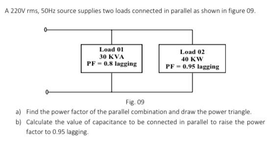 Solved A 220V rms, 50Hz source supplies two loads connected | Chegg.com