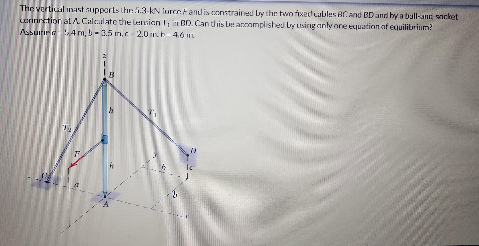 The vertical mast supports the 5.3-kN force F and is constrained by the two fixed cables \( B C \) and \( B D \) and by a bal