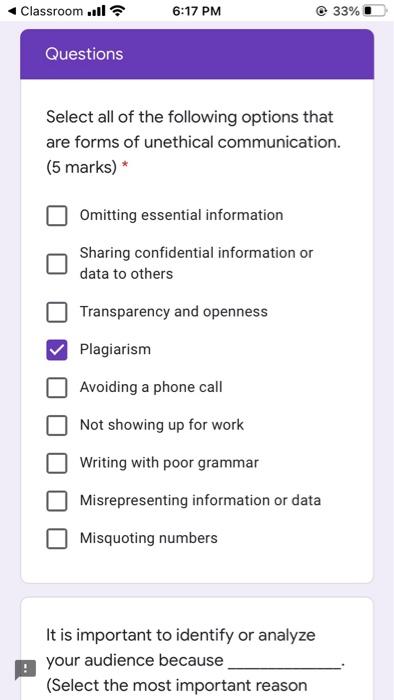 Solved Classroom .ill 6:17 PM 2 33% Questions Select all of | Chegg.com