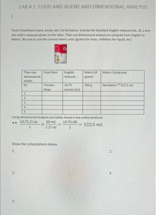 Solved LAB #2 FOOD AND ALIENS AND DIMENSIONAL ANALYSIS 1 | Chegg.com