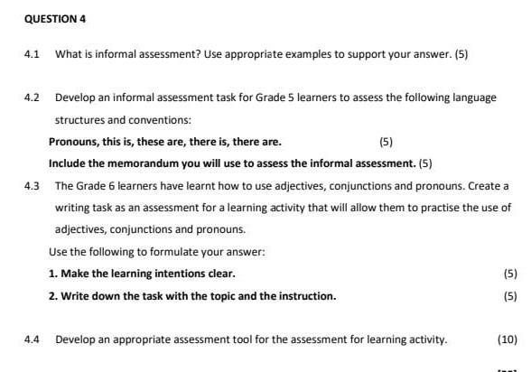 4.2 Develop an informal assessment task for Grade 5 | Chegg.com