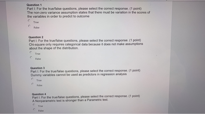 Solved Question 1 Part 1: For the true/false questions, | Chegg.com
