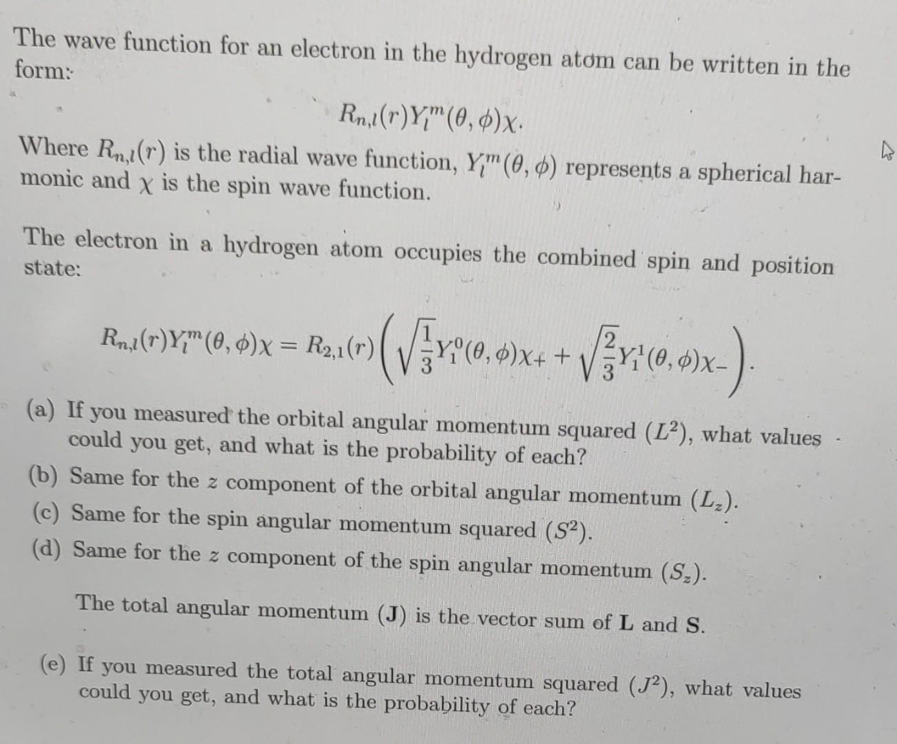 Solved . The wave function for an electron in the hydrogen | Chegg.com