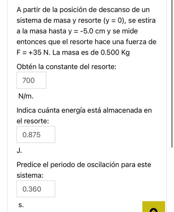 A partir de la posición de descanso de un sistema de masa y resorte \( (y=0) \), se estira a la masa hasta \( y=-5.0 \mathrm{