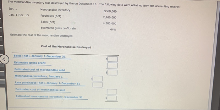 Solved The Merchandise Inventory Was Destroyed By Fire On | Chegg.com