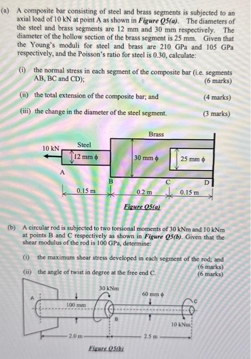 a) A composite bar consisting of steel and brass segments is subjected to an axial load of \( 10 \mathrm{kN} \) at point \( \