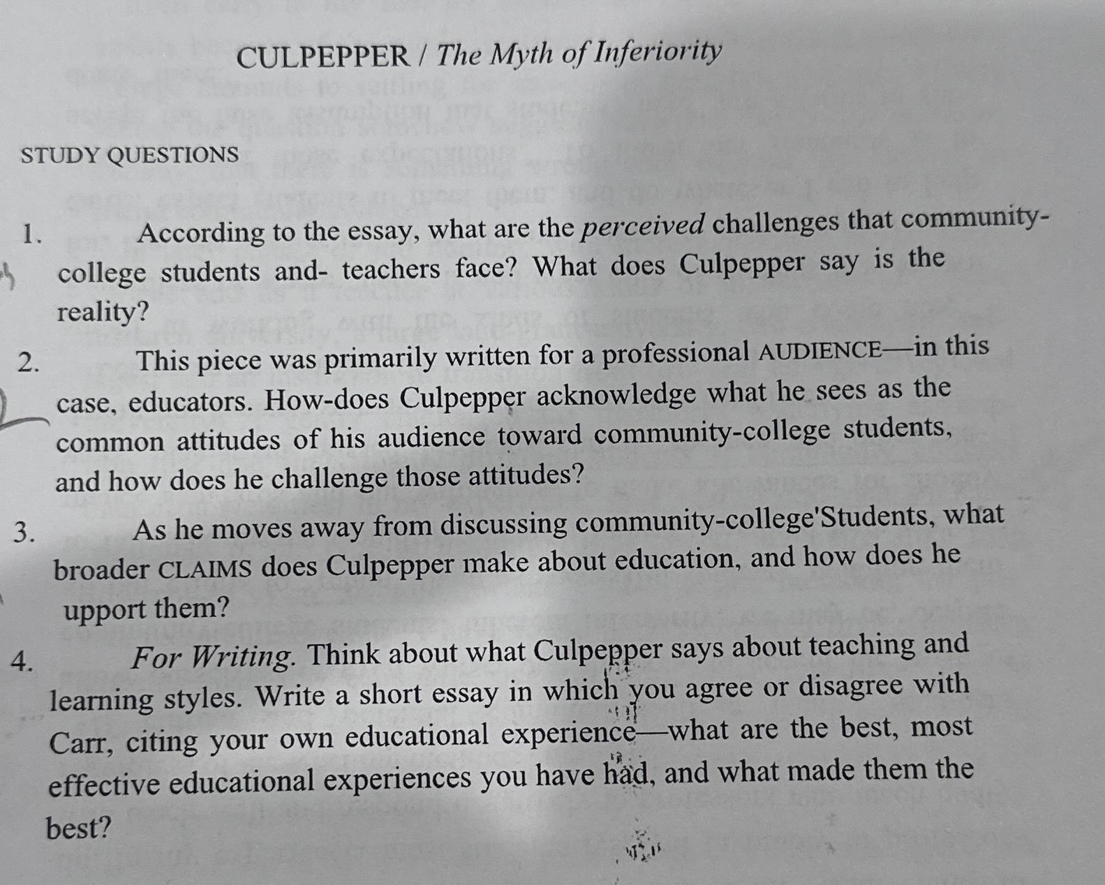 Solved CULPEPPER / ﻿The Myth of InferioritySTUDY | Chegg.com