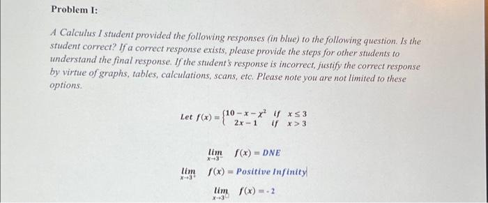Solved Problem I: A Calculus I student provided the | Chegg.com