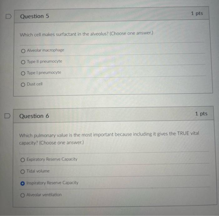 Which cell makes surfactant in the alveolus? (Choose one answer.)
Alveolar macrophage
Type II pneumocyte
Type I pneumocyte
Du