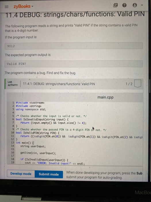 Solved zyBooks e 11.4 DEBUG: strings/chars/functions: Valid | Chegg.com