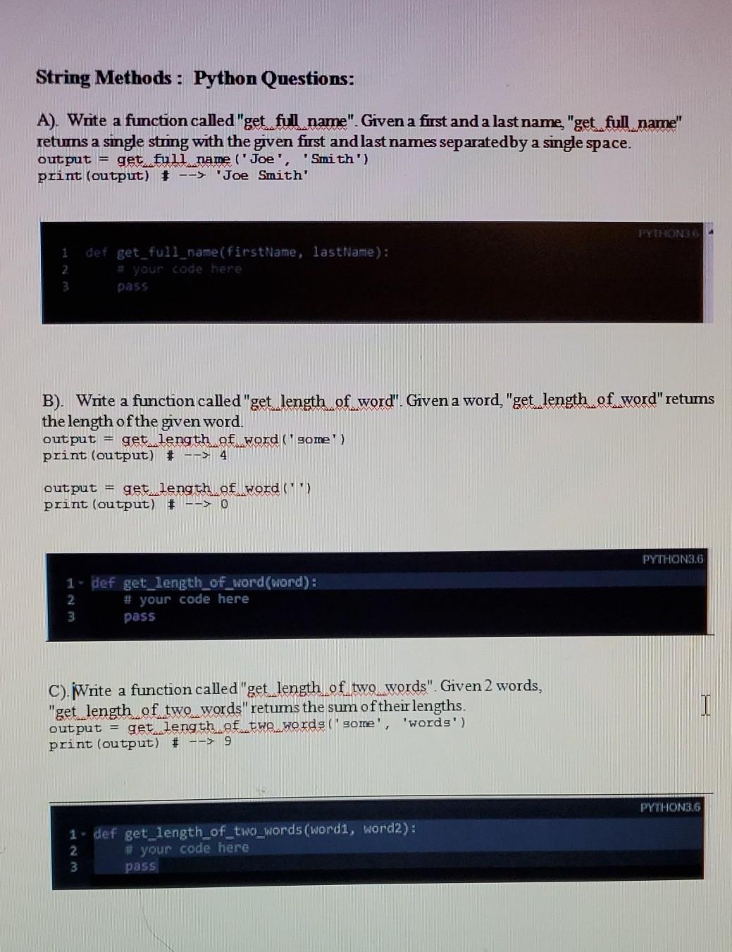 Solved String Methods: Python Questions: A). Write a | Chegg.com