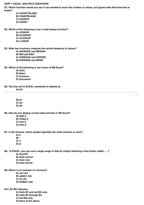 Solved empty PART 1 EXCEL MULTIPLE QUESTIONS Q1. Which Chegg