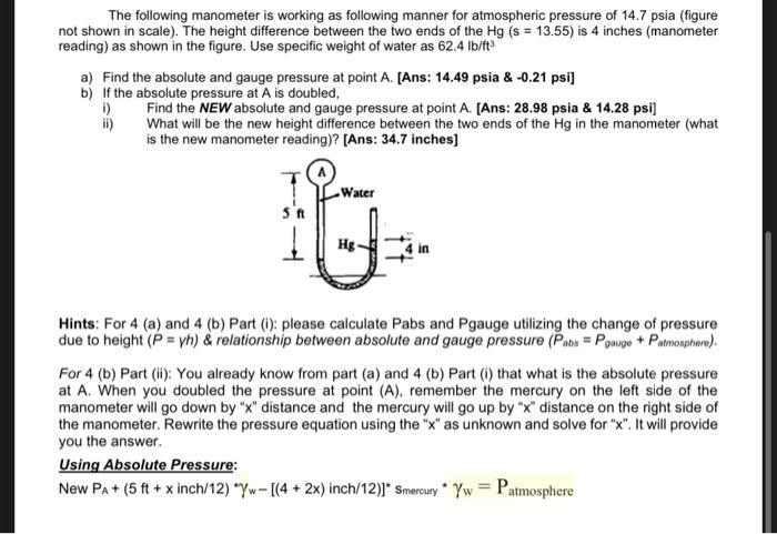 Solved The following manometer is working as following | Chegg.com