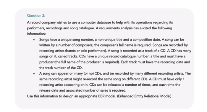 Question 2: A record company wishes to use a computer database to help with its operations regarding its performers, recordin