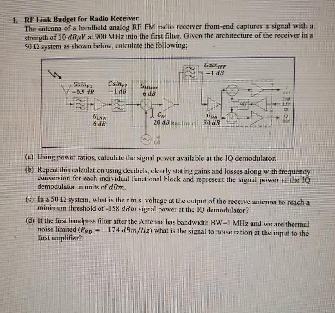 1. RF Link Budget for Radio Receiver The antenna of a | Chegg.com
