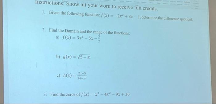 Solved Instructions: Show all your work to receive tüll | Chegg.com