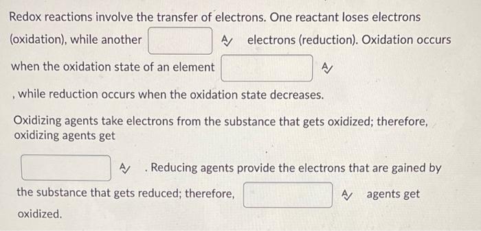 Solved Redox reactions involve the transfer of electrons. | Chegg.com