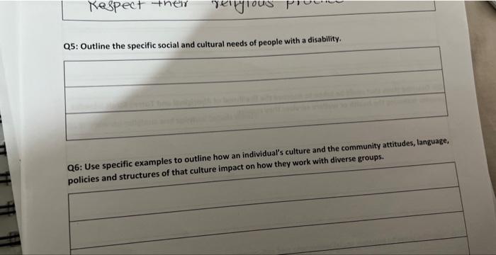 ns. nutline the snecific social and cultural needs of people with a disability.
-icic avamples to outline how an individuals