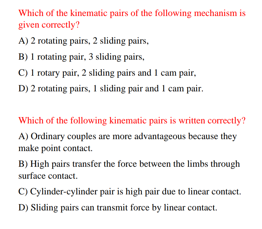 Solved Which of the kinematic pairs of the following