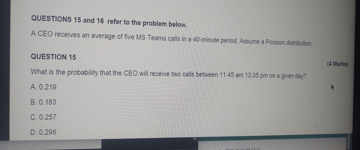 Solved QUESTIONS 15 ﻿and 16 ﻿refer to the problem below.A | Chegg.com