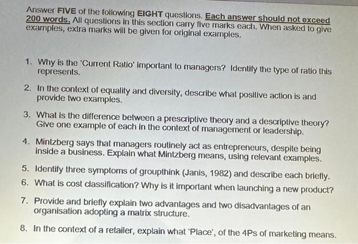 Solved Answer FIVE of the following EIGHT questions. Each | Chegg.com