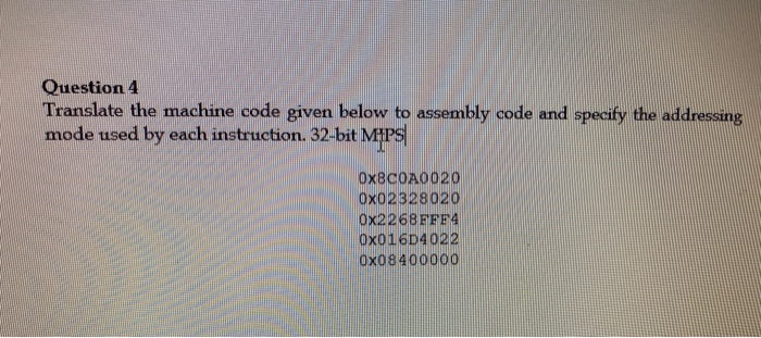 Solved Question 4 Translate the machine code given below to | Chegg.com