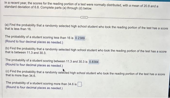 Solved In a recent year, the scores for the reading portion | Chegg.com