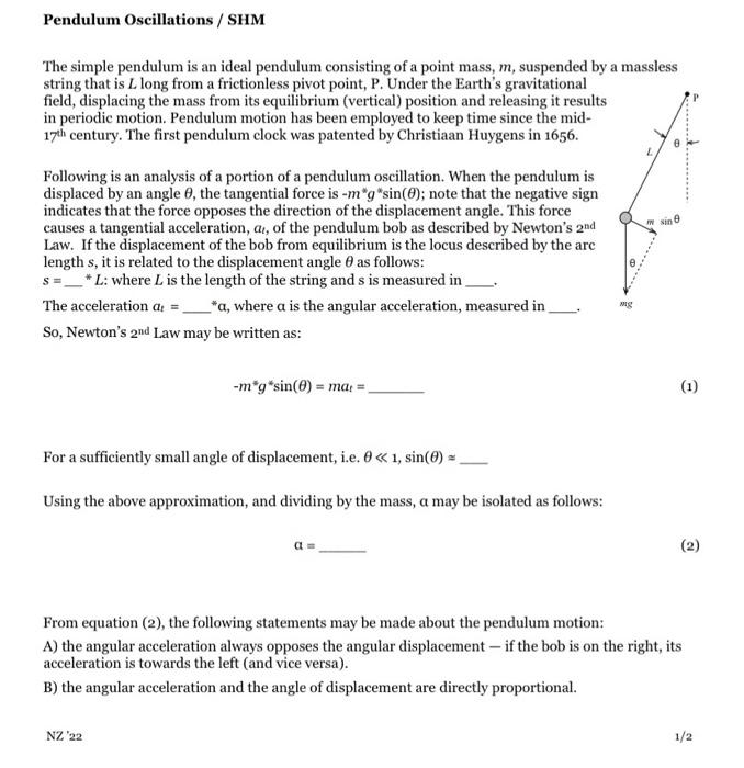 Solved Pendulum Oscillations / SHM The simple pendulum is an | Chegg.com