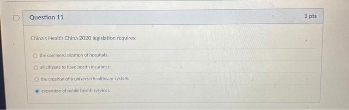 Question 11 1 pts Chinas Health China 2020 legislation requires: the commercialization of hospitals all citizens to have hea