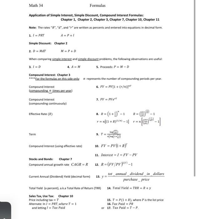 Solved Math 34 Formulas Application of Simple Interest, | Chegg.com