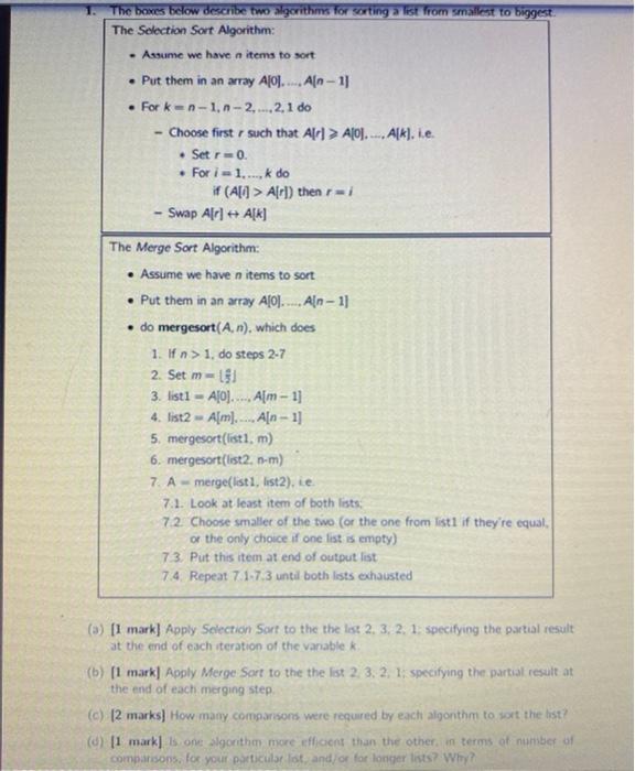 Solved 1. The boxes below describe two algorithms for | Chegg.com