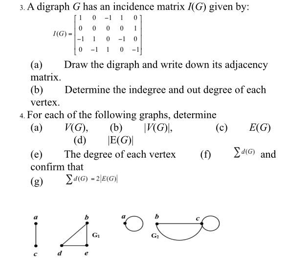 Solved 3. A digraph G has an incidence matrix I(G) given by: | Chegg.com