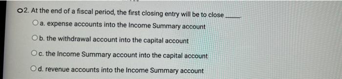 Solved 2. At the end of a fiscal period, the first closing | Chegg.com