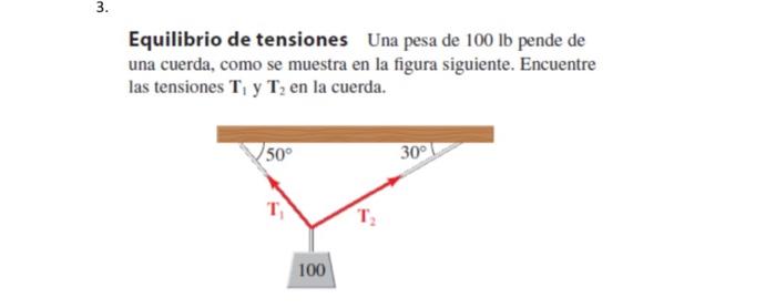 Equilibrio de tensiones Una pesa de \( 100 \mathrm{lb} \) pende de una cuerda, como se muestra en la figura siguiente. Encuen