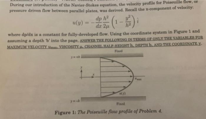 During our introduction of the Navier-Stokes equation, the velocity profile for Poiseuille flow, or pressure driven flow betw