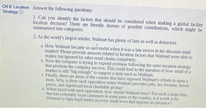 Solved CH 8: Location Answer the following questions: | Chegg.com