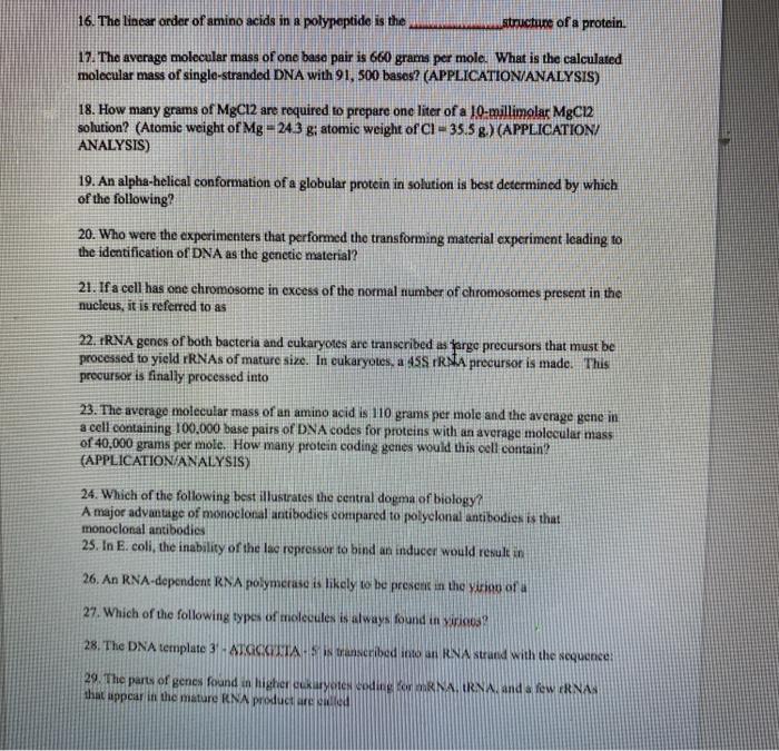 Solved 16. The linear order of amino acids in a polypeptide | Chegg.com
