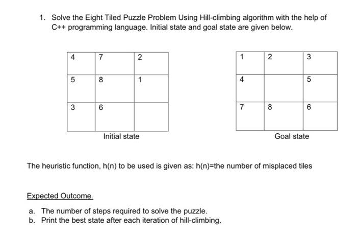 Solved 1. Solve the Eight Tiled Puzzle Problem Using | Chegg.com