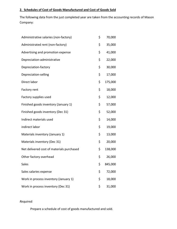 Cogs Scheudle Solved 2. Schedules of Cost of Goods Manufactured and Cost | Chegg.com