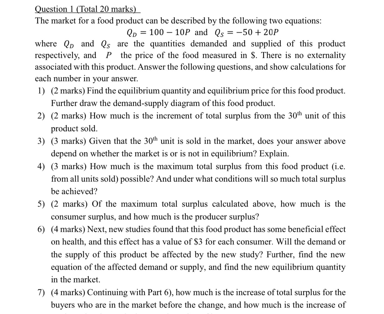 Solved Question 1 (Total 20 ﻿marks)The market for a food | Chegg.com