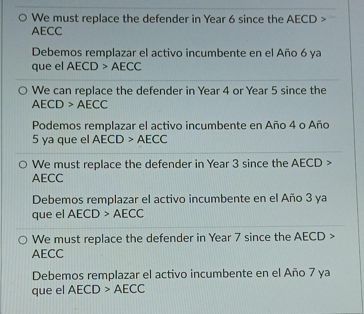 We must replace the defender in Year 6 since the AECD > AECC Debemos remplazar el activo incumbente en el Año 6 ya que el \(