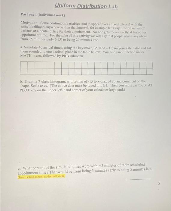 Solved Uniform Distribution Lab Part one (individual work)