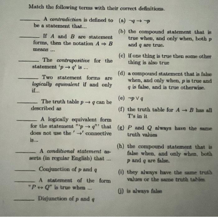 Solved Match the following terms with their correct | Chegg.com