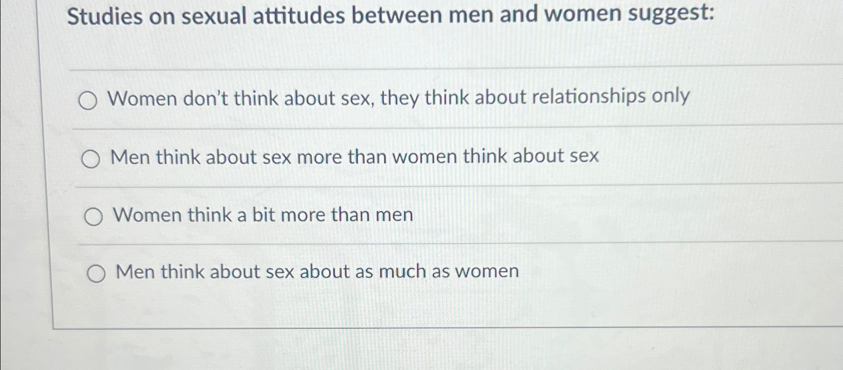 Solved Studies on sexual attitudes between men and women | Chegg.com