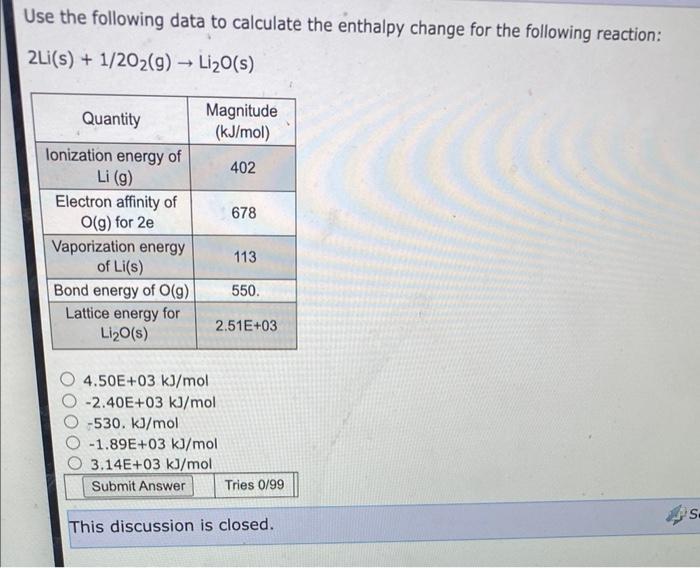 Solved Use The Following Data To Calculate The Enthalpy | Chegg.com