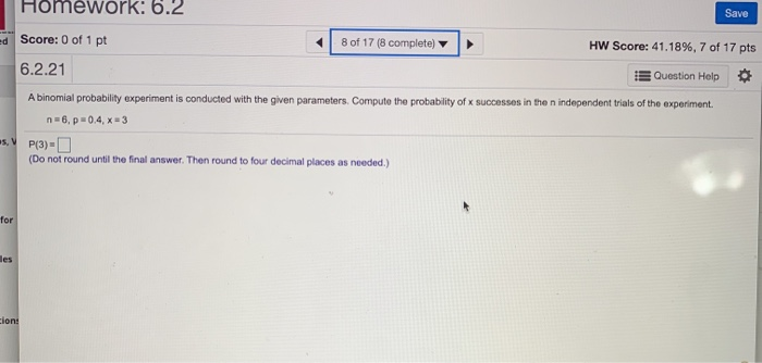 Solved Homework: 6.2 Save ed Score: 0 of 1 pt 8 of 17 (8 | Chegg.com