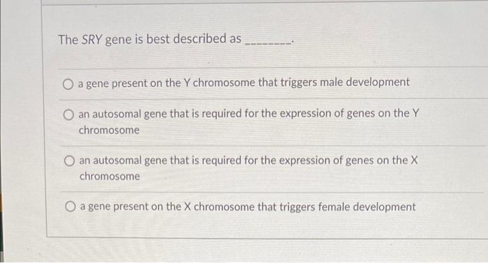 The SRY gene is best described as
O a gene present on the Y chromosome that triggers male development
O an autosomal gene tha