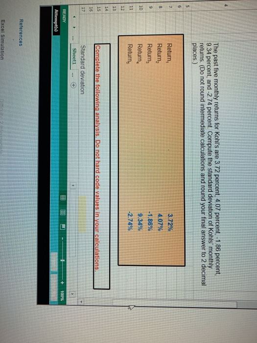 Solved The past five monthly returns for Kohl's are 3.72