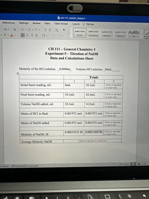 Solved CH 111 - General Chemistry I Experiment 5-Titration | Chegg.com
