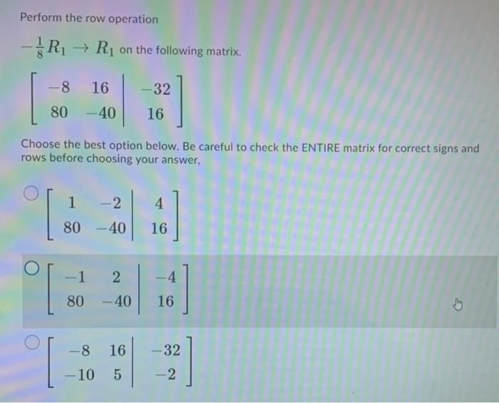 Solved Perform the row operation R R, on the following | Chegg.com